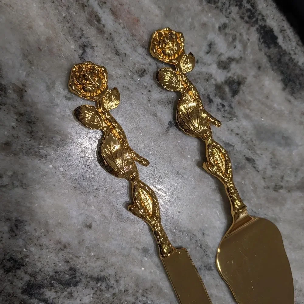 NIB Gold Tone Cake Server and Knife Set, Rose And Leaf Motif, Personalizable